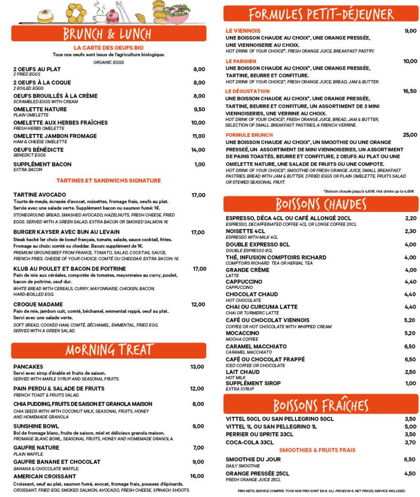 Carte du menu de l'automne du lunch-brunch restaurant du boulanger Eric Kayser