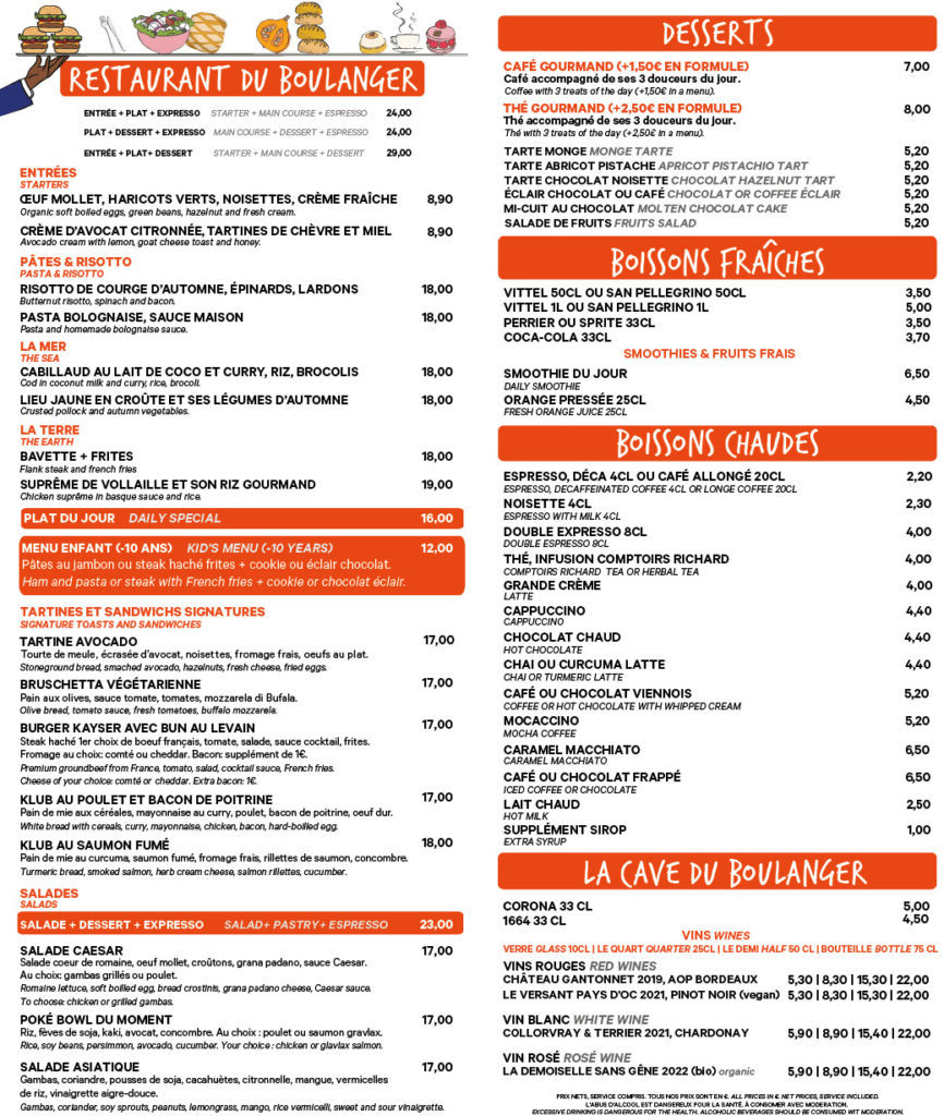 Carte du menu de l'automne du restaurant du boulanger Eric Kayser